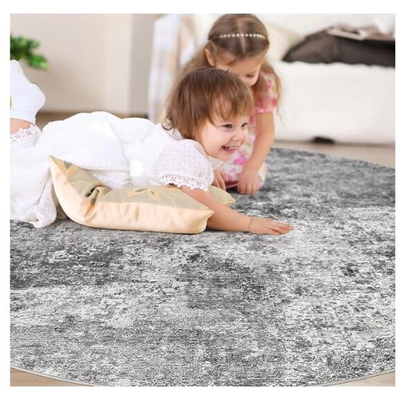 5 ft Round Area Rug Washable Low Pile Gray - Picture 5 of 8